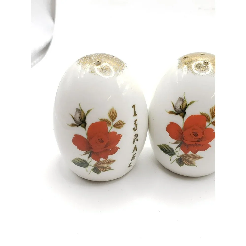 Vintage ISRAEL Signed Porcelain Hand Painted Rose Floral 14k Gold Salt Pepper Sh